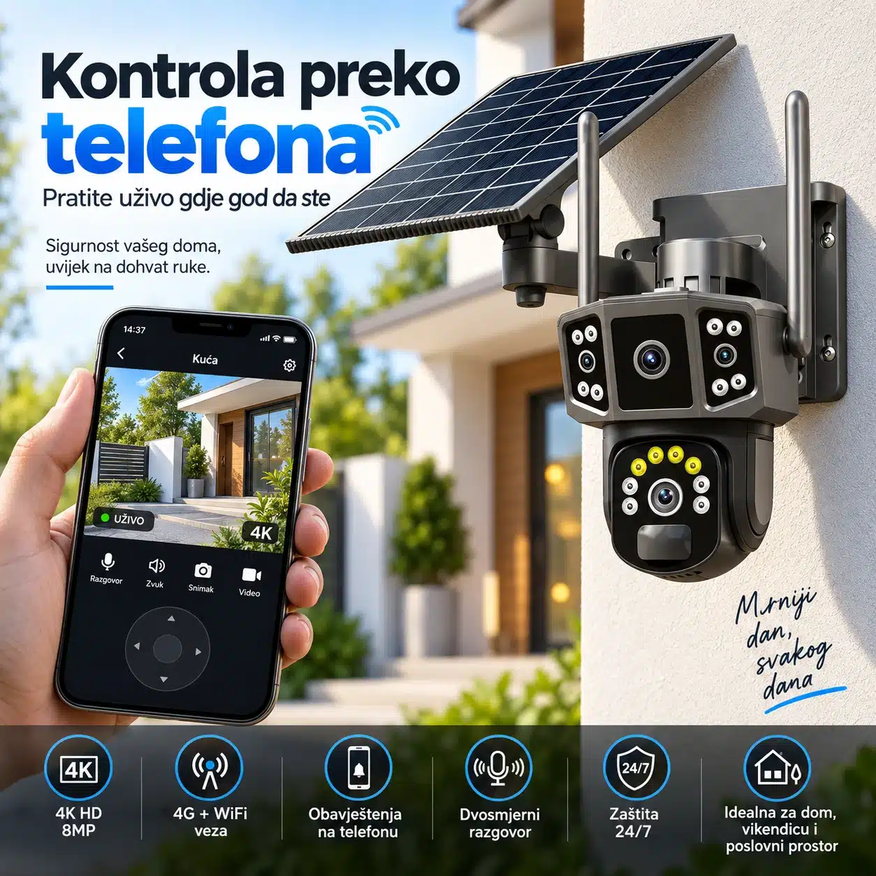 Solarna 4G SIM WiFi Kamera 8Mp Video Nadzor Noćni Vid u Boji - Image 2