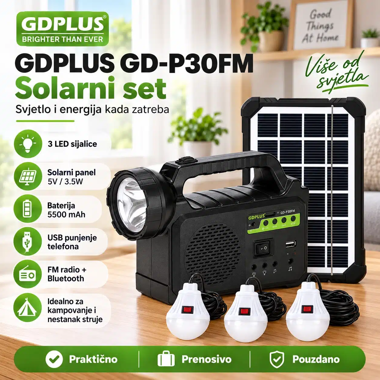 Solarni Set 5u1 Punjač, Radio, Zvučnik, Svjetlo,Prenosna Baterija - Image 2