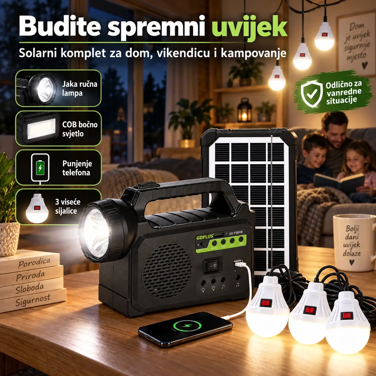 Solarni Set 5u1 Punjač, Radio, Zvučnik, Svjetlo,Prenosna Baterija
